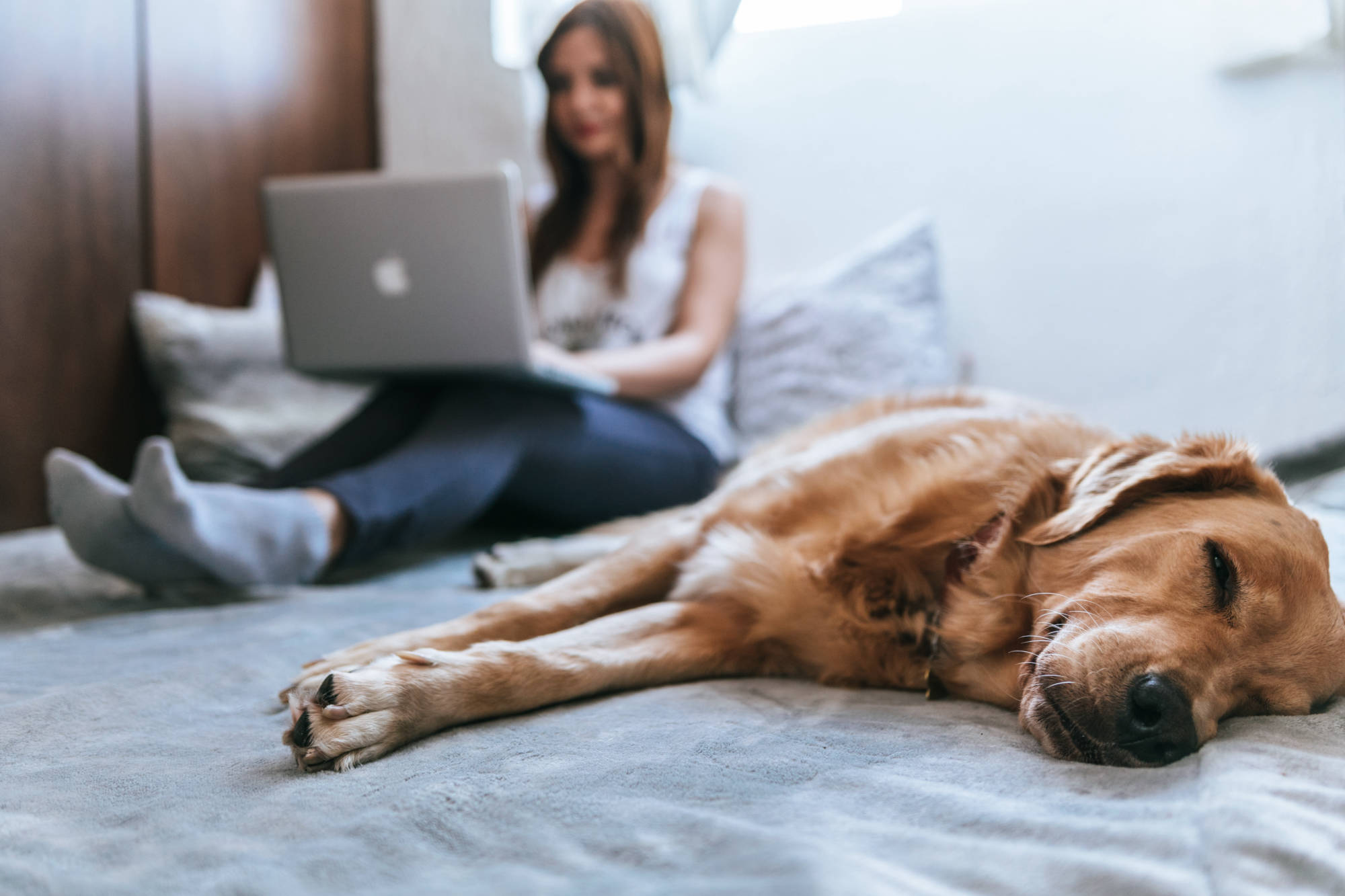 Frau mit Hund auf Bett